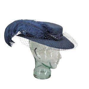 Mr Charles Vintage Navy Feathered Women's Hat With Net Veil Church Derby Straw
